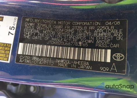 2008 Toyota Prius из США, поврежденный, VIN JTDKB20U687783765